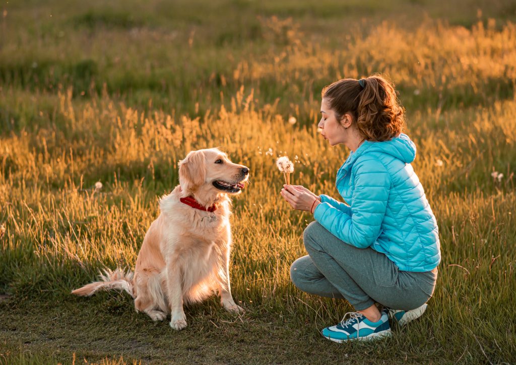 Lovely female girl playing with her dog